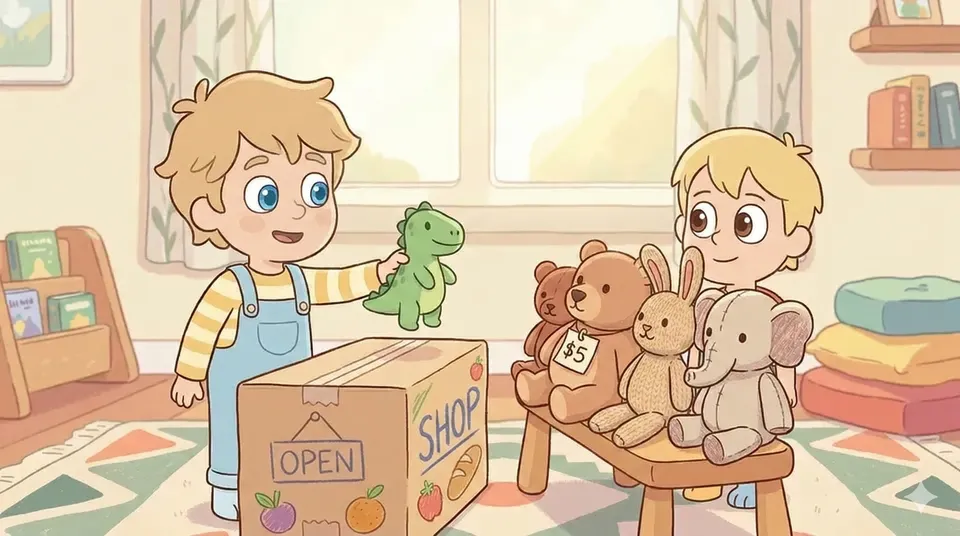 Deux enfants jouant à la marchande dans un salon chaleureux avec des peluches comme clients
