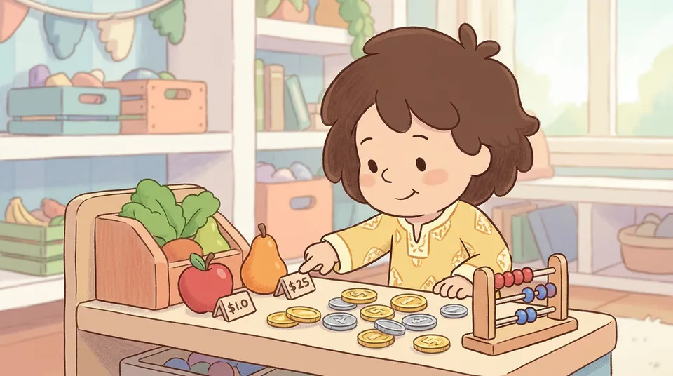 Un niño sumando precios en una tienda de juguetes con monedas