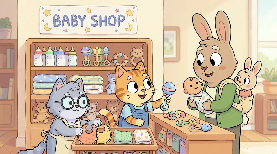Δύο παιδιά που διαχειρίζονται ένα μωρομάγαζο με μπιμπερό, κουδουνίστρες και κουβέρτες ενώ ένας γονέας πελάτης κρατά μια κούκλα μωρό