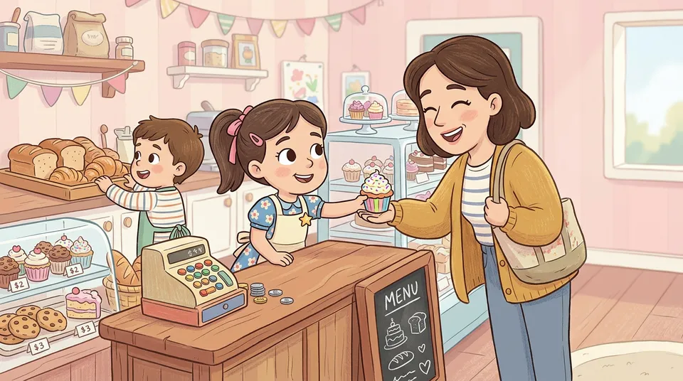 Dos niños detrás del mostrador de una panadería sirviendo cupcakes y pan a una madre, con caja registradora y pasteles expuestos, en un estilo de ilustración pastel cálido