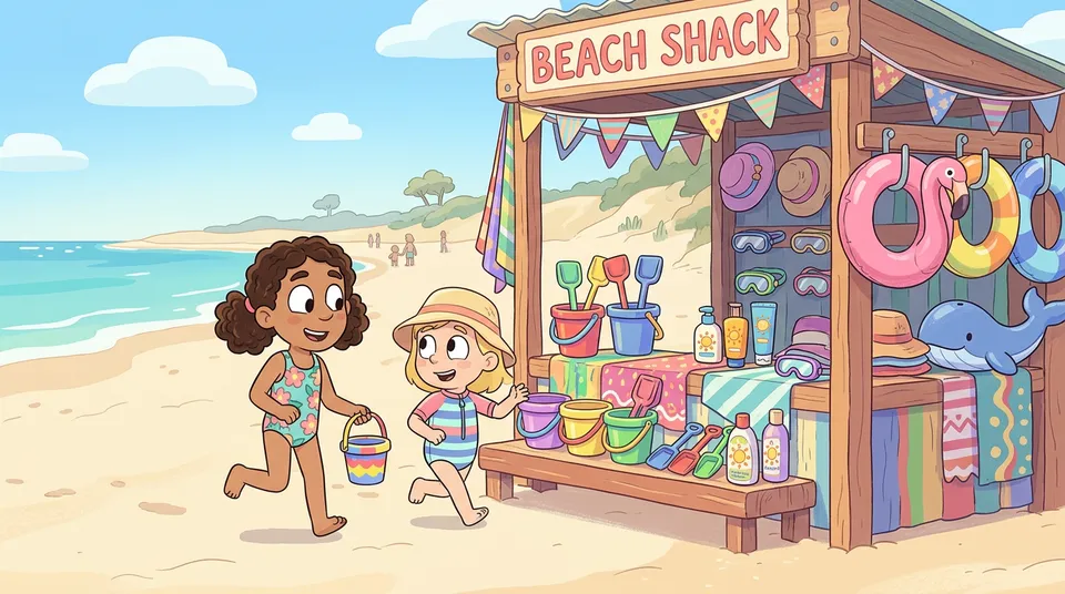 Δύο παιδιά που πουλούν είδη παραλίας από ένα πολύχρωμο παραθαλάσσιο περίπτερο με κουβάδες, αντηλιακό, γυαλιά και φουσκωτά