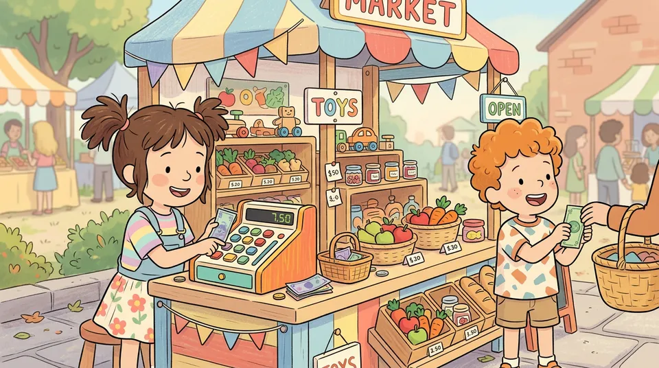 Dos ninos jugando a la tienda detras de un colorido puesto de mercado con caja registradora de juguete y dinero ficticio