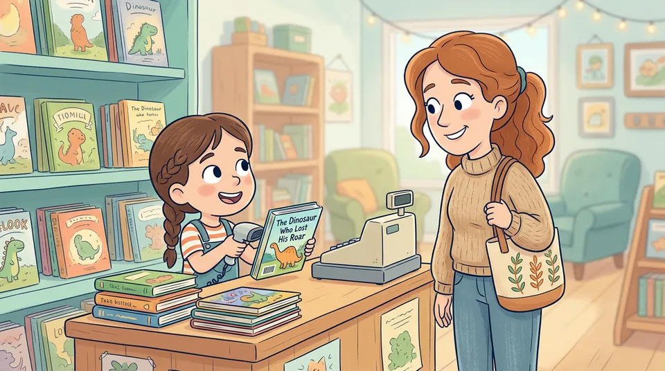 Dijete stoji iza pulta ugodne knjižare i pomaže nasmiješenoj kupkinji s knjigom