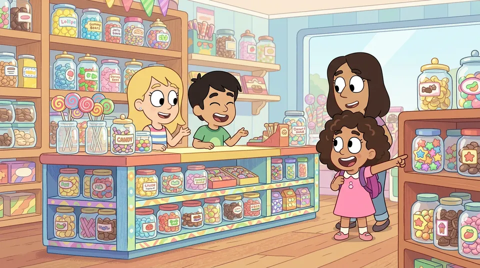 Two children running a colourful candy shop with glass jars of sweets, lollipops, gummy bears, and chocolate bars on bright shelves