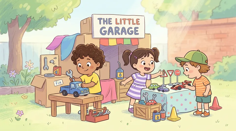 Zwei Kinder, die eine Spielzeugauto-Werkstatt mit Fahrzeugen, Werkzeugen und Verkehrsschildern betreiben