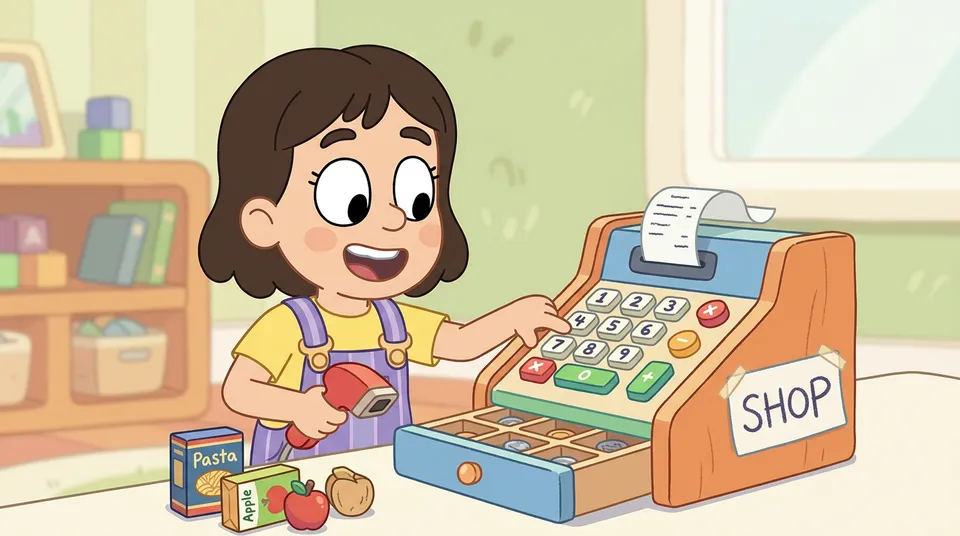 Un niño presionando emocionado los botones de una caja registradora con un recibo imprimiéndose, artículos escaneados y un cajón de monedas abierto