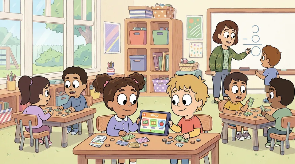 Kinder in einem Klassenzimmer an Tischen mit Tablets, die ein Ladenspiel zeigen, mit einer Lehrerin an der Tafel