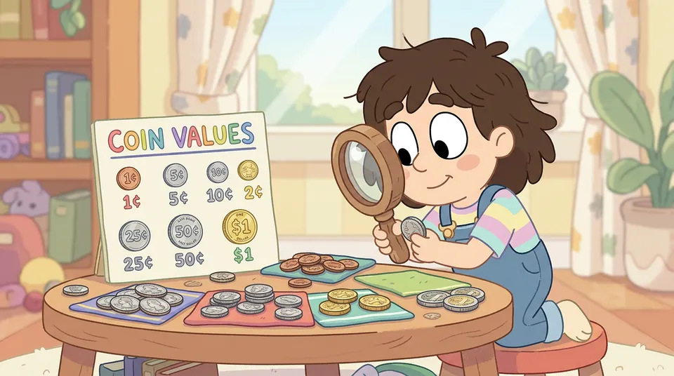 Ein Kind untersucht Münzen genau mit einer Lupe, mit verschiedenen Münzen nach Typ sortiert auf einem Tisch