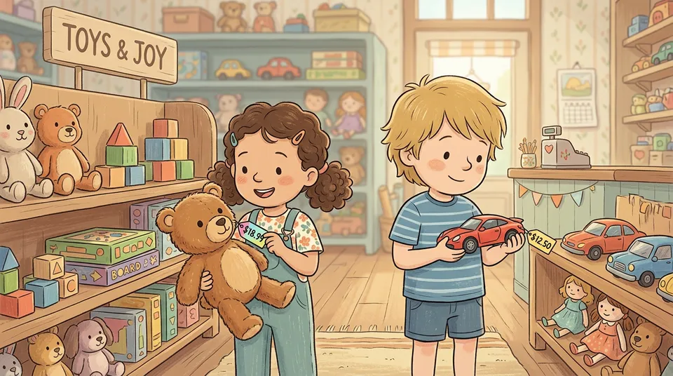 Zwei Kinder vergleichen Preisschilder an Spielzeugen in einem Laden