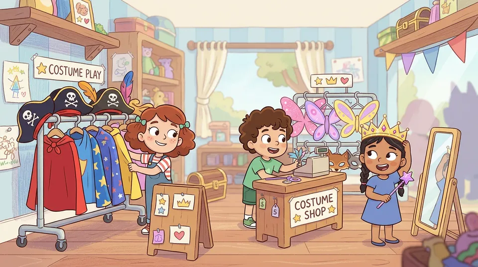 Δύο παιδιά που διευθύνουν ένα κατάστημα κοστουμιών με κάπες υπερηρώων, φτερά νεράιδας, πειρατικά καπέλα και μάσκες σε πολύχρωμα ράφια