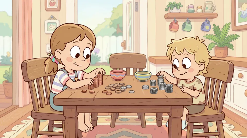 Dos niños contando pilas de monedas en la mesa de la cocina
