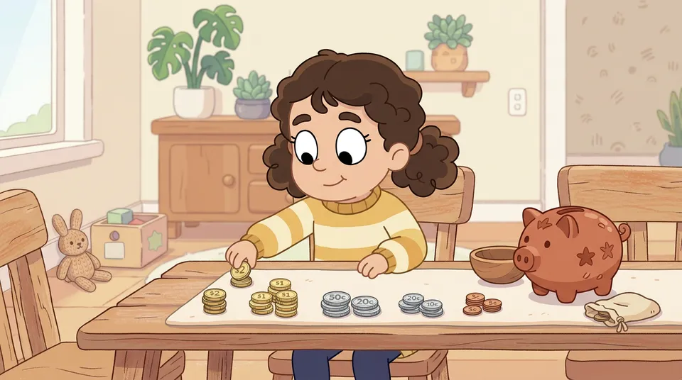 Ein Kind sortiert und zählt sorgfältig Münzen auf einem Tisch mit einem Sparschwein in der Nähe und Münzen in ordentlichen Gruppen