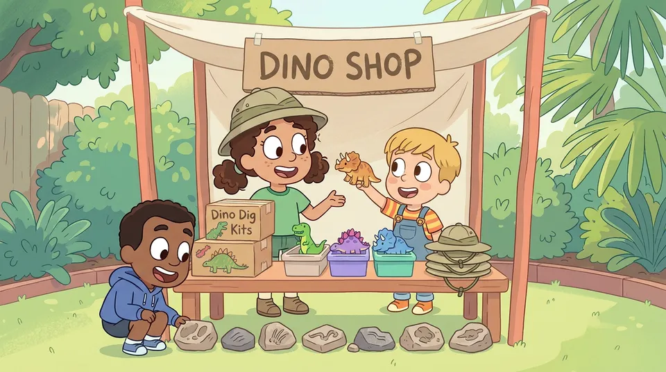 Zwei Kinder betreiben einen Dinosaurier-Laden mit Dinosaurierfiguren, Fossilien-Ausgrabungssets und Entdeckerhüten