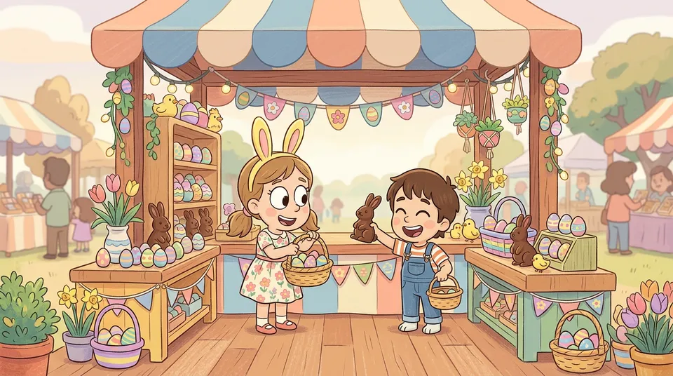 Zwei Kinder betreiben einen pastellfarbenen Osterladen mit Schokoladeneiern, Hasenfiguren, Frühlingsblumen und Osterkörben