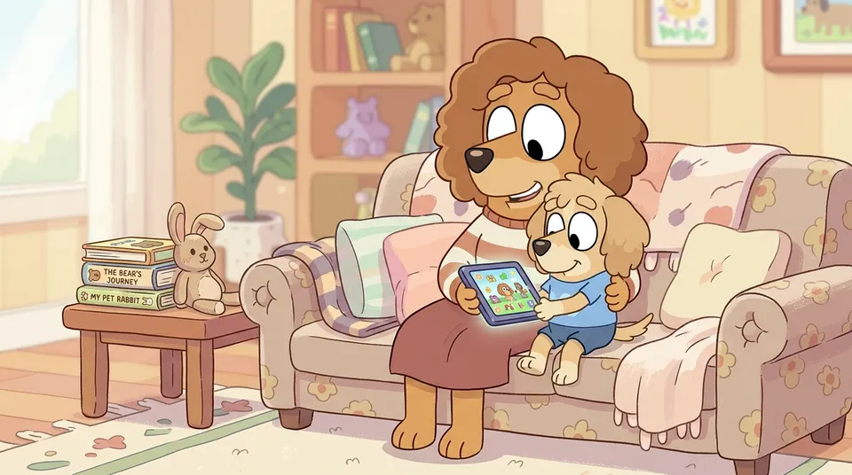 A parent and young child sitting together on a cosy sofa exploring a learning app on a tablet
