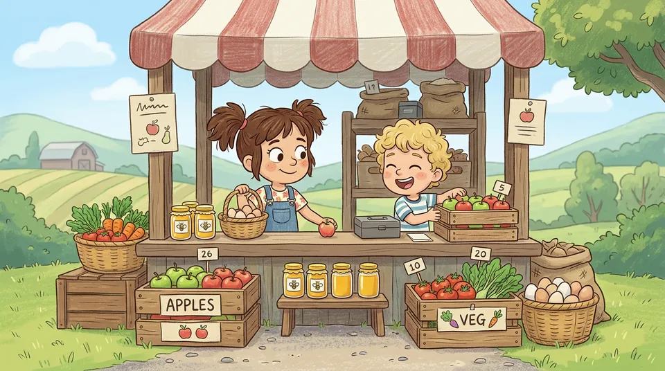 Two children running a rustic farm stall with wooden crates of apples and vegetables, baskets of eggs, and jars of honey