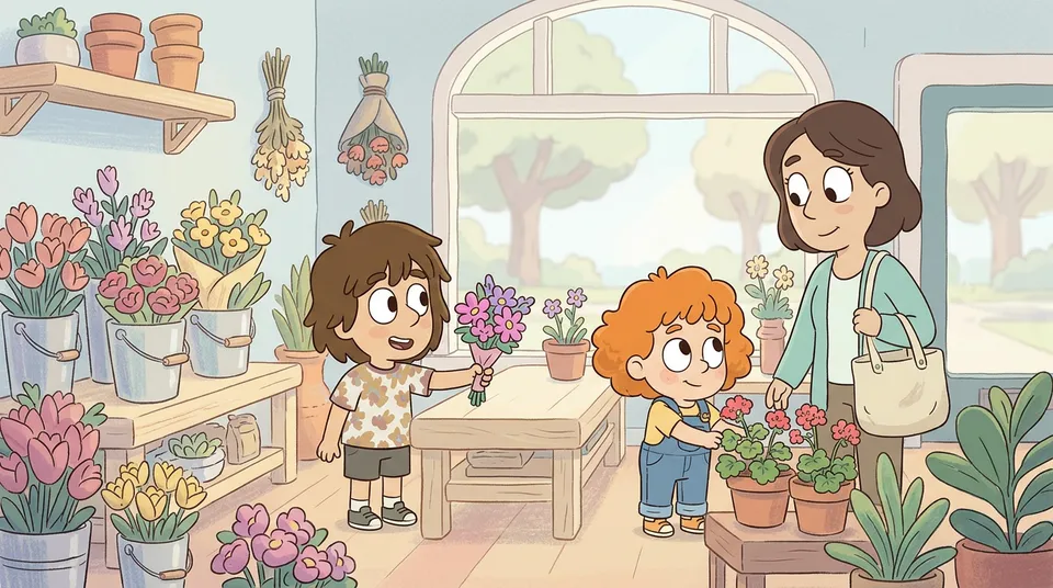 Dvoje djece koja vode šarenu cvjećaru s buketima i saksijskim biljkama dok majka kupuje