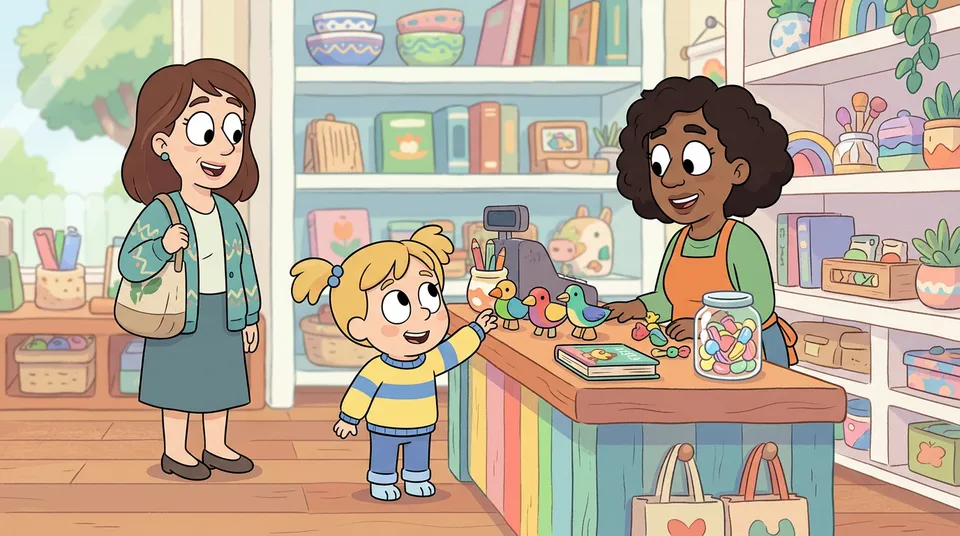 Ένα χαρούμενο παιδί σε έναν φωτεινό φιλόξενο πάγκο μαγαζιού με ποικιλία πολύχρωμων προϊόντων στα ράφια και έναν γονέα κοντά