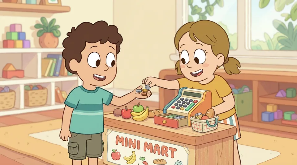 Ein Kind spielt Kaufladen und zählt Wechselgeld für einen Kunden