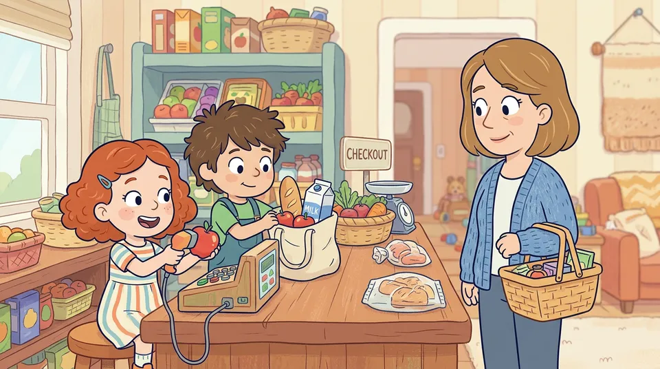 Δύο παιδιά που σαρώνουν προϊόντα σε ταμείο σούπερ μάρκετ ενώ μια μητέρα περιμένει με καλάθι αγορών, σε ζεστό παστέλ στυλ εικονογράφησης