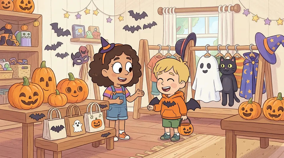 Dos niños atendiendo una simpática tienda de Halloween con calabazas, disfraces en perchas, bolsas de dulces y decoraciones de murciélagos
