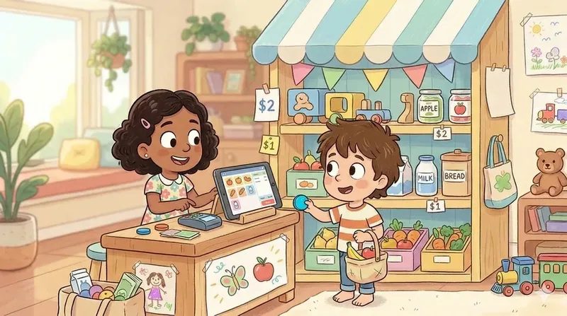 Two kids playing shopkeeper — one behind the counter with a tablet register, the other buying groceries with coins