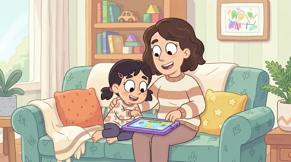 A parent and child sitting on a cosy sofa together, the child focused on playing a single app on a tablet, a typical Guided Access moment on iPad.