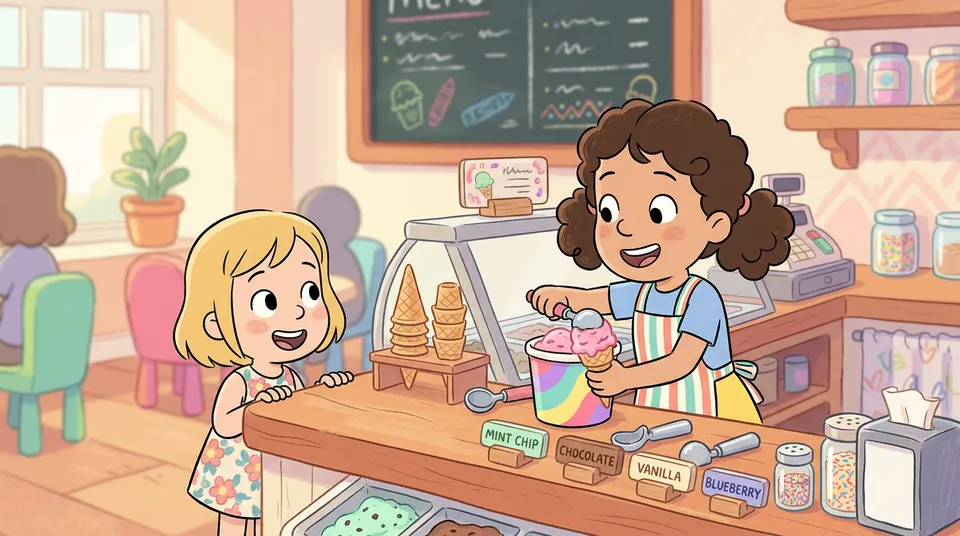 Una niña sirviendo helados de colores en el mostrador de una heladería a una joven cliente, en un estilo de ilustración pastel cálido