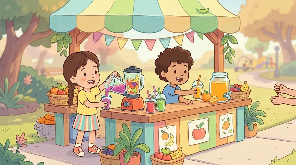 Δύο παιδιά που διευθύνουν ένα φωτεινό μπαρ χυμών σερβίροντας πολύχρωμα smoothies με πορτοκάλια, μούρα και ένα μπλέντερ