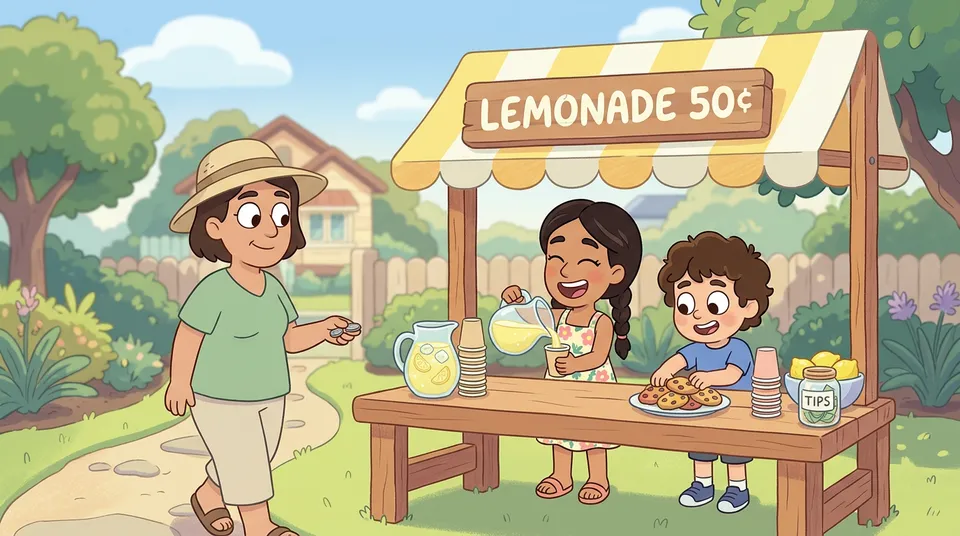 Two children running an outdoor lemonade stand on a sunny day with pitchers of lemonade, cups, and cookies