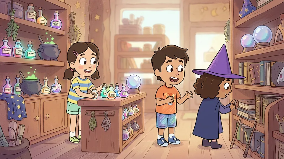 Dos niños atendiendo una tienda mágica encantada con pociones brillantes en estantes, libros de hechizos, bolas de cristal y varitas