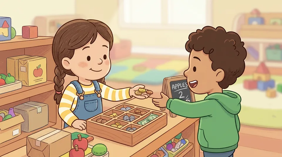 Dijete iza pulta trgovine vraća kovanice kupcu, s otvorenom kasom koja prikazuje pretince za kovanice