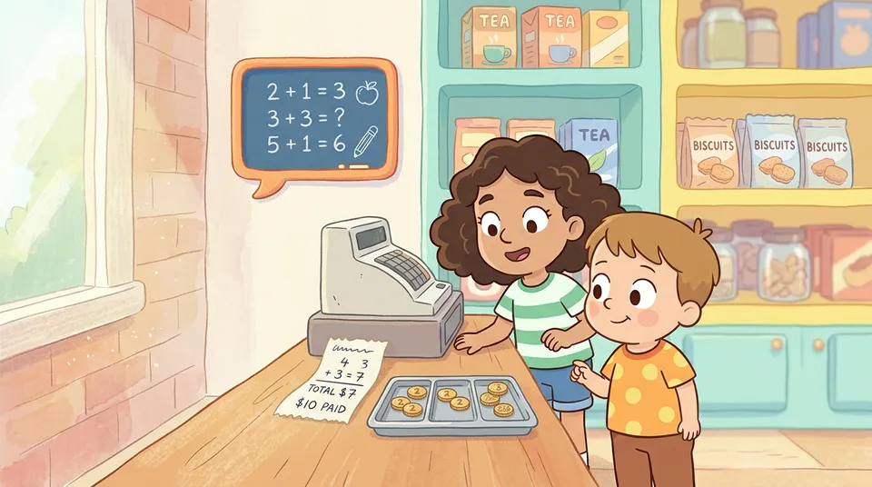 Dos niños en un mostrador con monedas agrupadas, un recibo mostrando sumas y una pequeña pizarra con cálculos