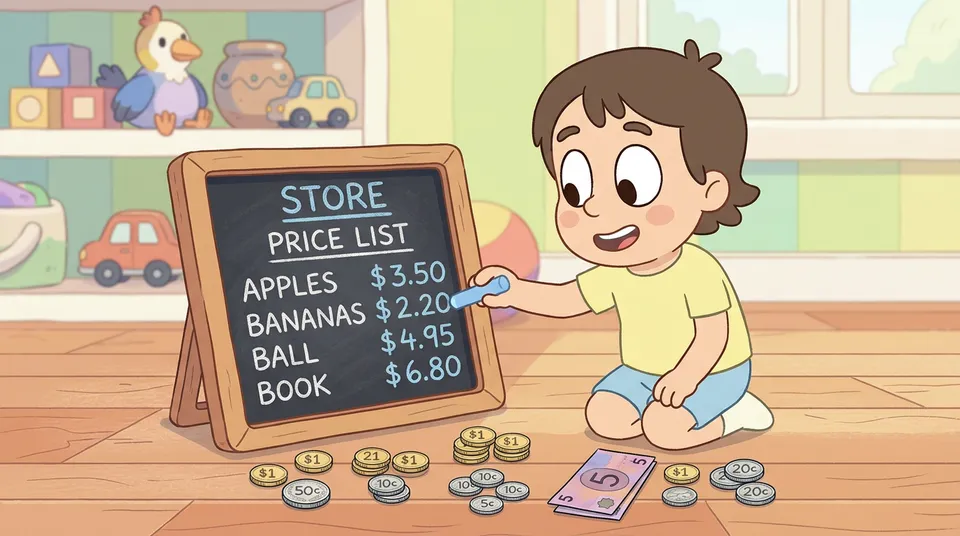 Un niño escribiendo precios con decimales en una pizarra