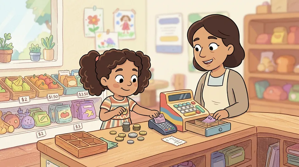 Ein Schulkind, das selbstbewusst Münzen und Scheine an einer Ladentheke mit Preisschildern handhabt