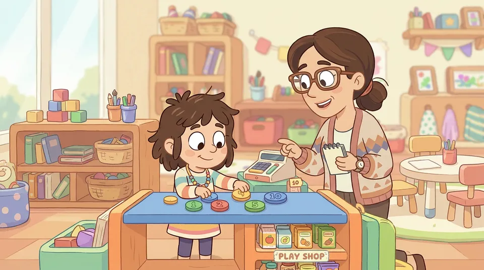 Un niño de edad preescolar en una colorida tienda de juego contando monedas grandes en un mostrador con una maestra cerca