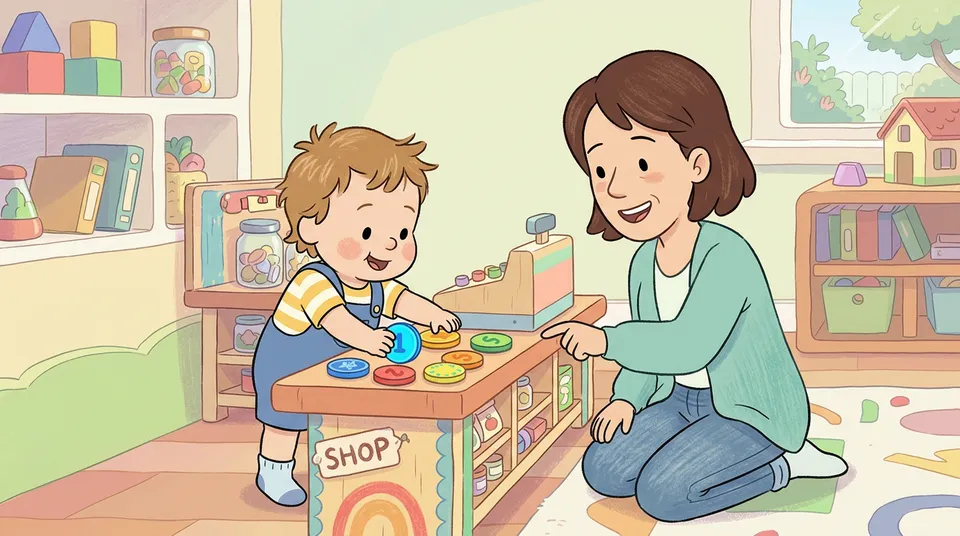 Vrlo malo dijete istražuje velike šarene kovanice na jednostavnom štandu dok roditelj sjedi pored i pomaže