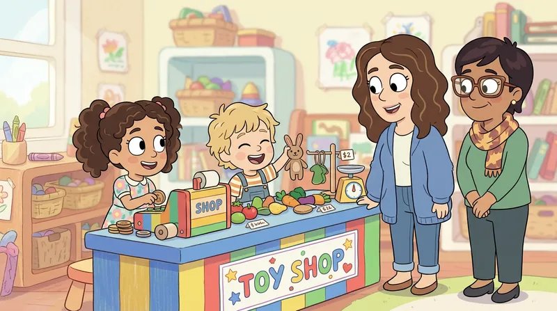 Des enfants jouent à la marchande à un comptoir de jouets tandis qu'un parent et un enseignant observent fièrement