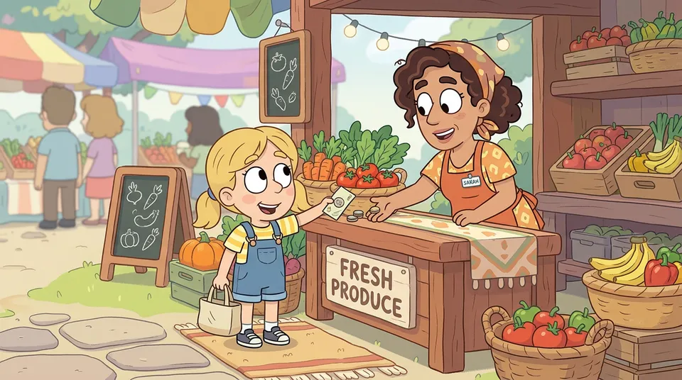 Dijete daje kovanice prodavaču na tržnici