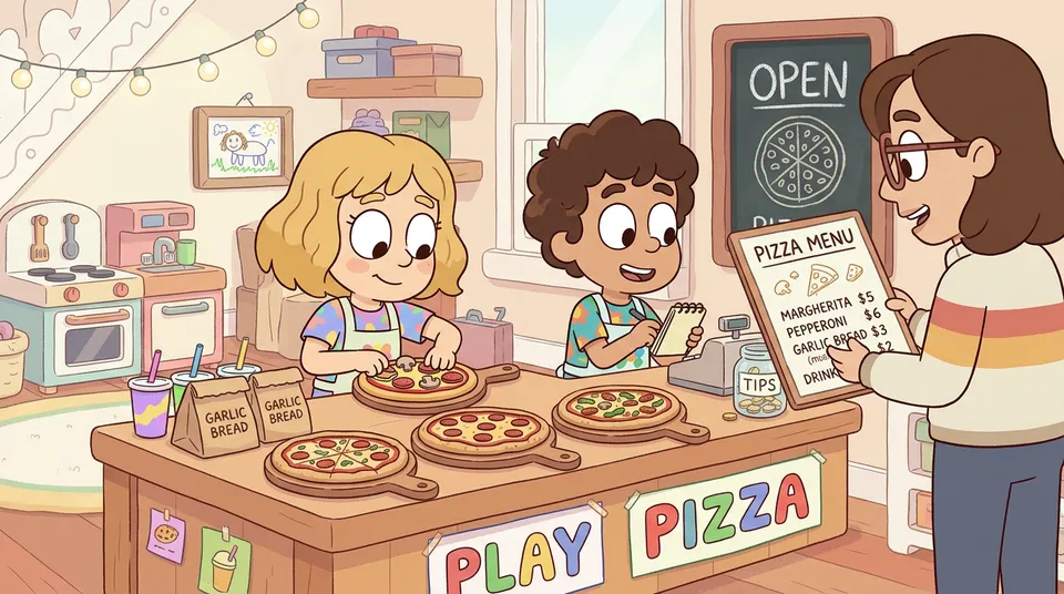 Zwei Kinder betreiben eine Pizzeria mit ganzen Pizzen, Knoblauchbrot und Getränken, während ein Kunde bestellt