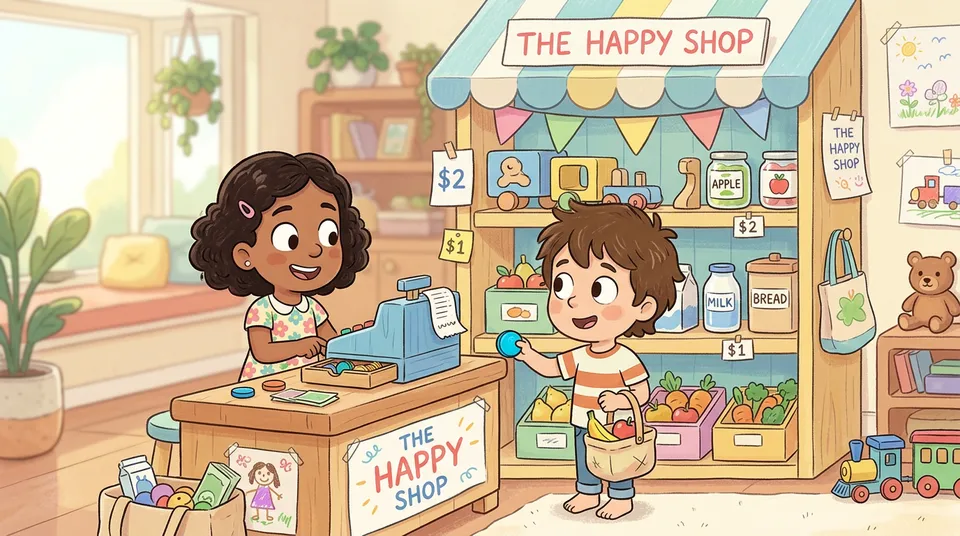 Dijete se igra prodavača u šarenoj igraonici s policama i malom kasom dok se drugo dijete igra kupca