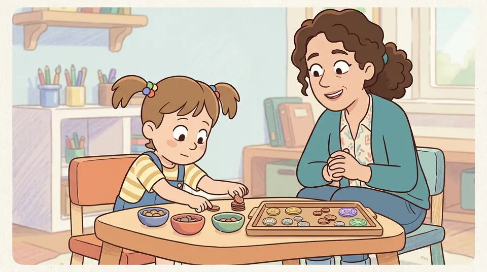 Ein Kind untersucht und sortiert Münzen nach Größe und Farbe