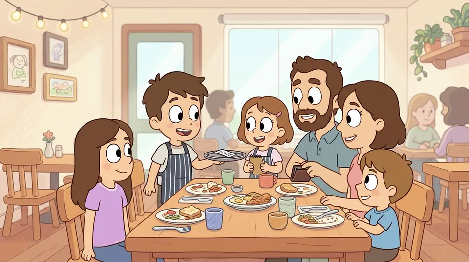 Zwei Kinder arbeiten als Kellner in einem gemütlichen Restaurant und präsentieren einer Familie die Rechnung auf einem Tablett mit Tellern auf dem Tisch