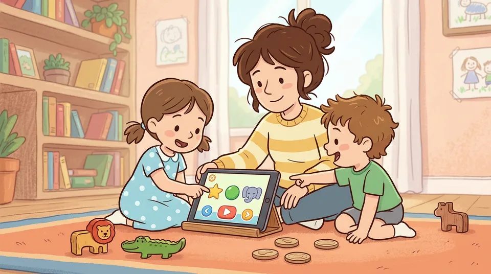 A parent and two young children sitting on the floor exploring a tablet learning app together, with wooden toys and coins nearby
