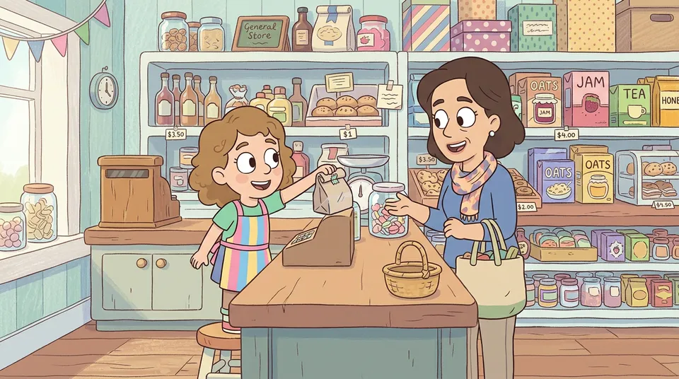 Un niño con delantal detrás del mostrador de una tienda con estantes de productos y etiquetas de precios, atendiendo a un cliente sonriente