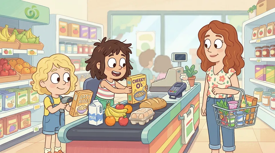Zwei Kinder an einer Supermarktkasse, die Lebensmittel auf einem Förderband scannen, während ein Elternteil mit einem Einkaufskorb wartet