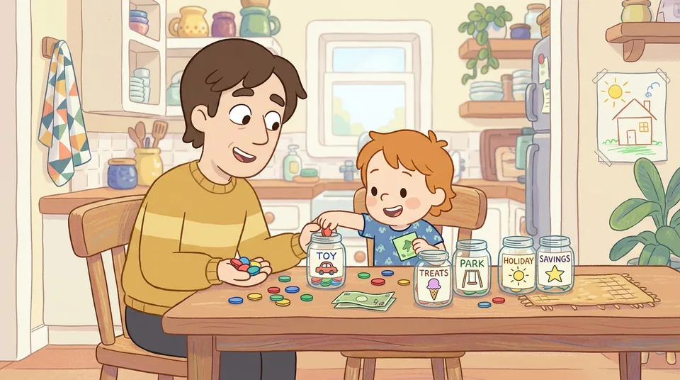 Ένας γονιός και ένα παιδί κάθονται μαζί σε ένα τραπέζι, ταξινομώντας πολύχρωμα κέρματα και χαρτονομίσματα σε βαζάκια