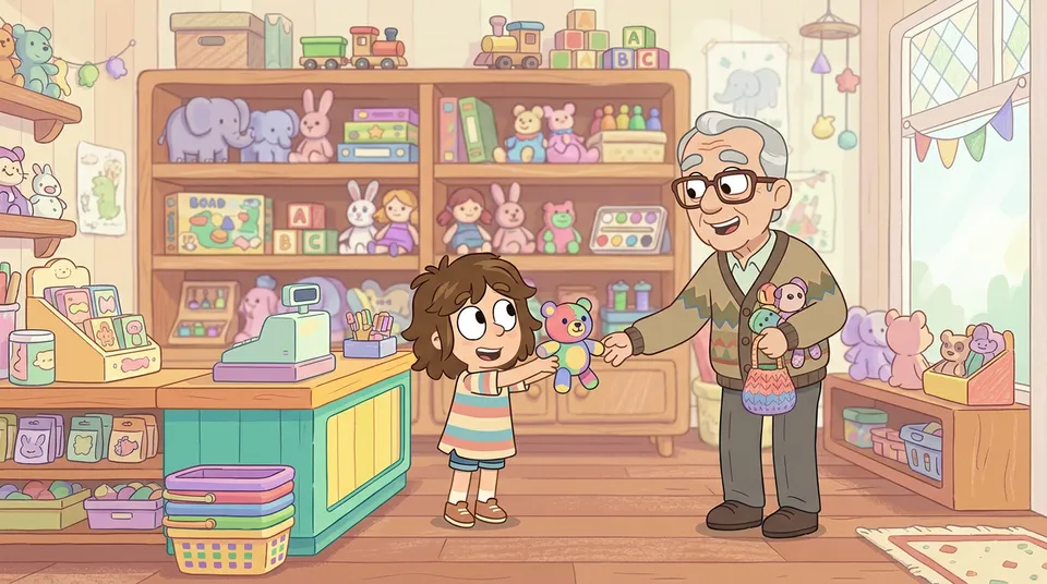 Ein Kind, das einen bunten Spielzeugladen mit Plüschtieren und Brettspielen in den Regalen betreibt und einen lächelnden Großvater bedient