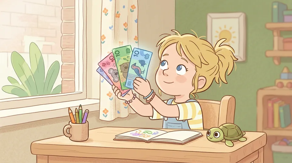 Ein Kind betrachtet bunte Geldscheine am Schreibtisch